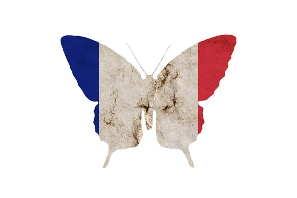 Butterfly silhouette in colors of France national flag in grunge style isolated on white background. French flag in the form of a butterfly silhouette. — Stock Photo, Image