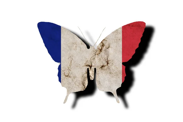 Butterfly silhouette in colors of France national flag in grunge style isolated on white background. French flag in the form of a butterfly silhouette with a shadow. — Stock Photo, Image