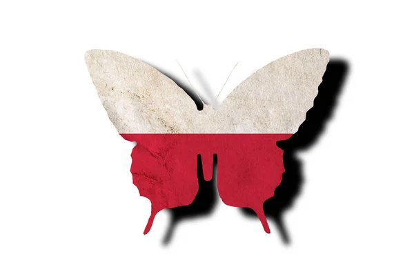 Silueta de mariposa en la bandera nacional de Polonia en estilo grunge aislada sobre fondo blanco. Bandera polaca en forma de silueta de mariposa con sombra . — Foto de Stock