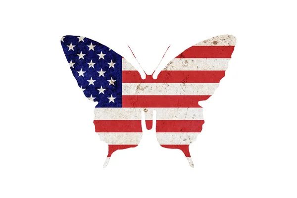 Silueta de mariposa en colores de la bandera nacional de EE.UU. en estilo grunge aislado sobre fondo blanco. Bandera americana en forma de silueta de mariposa . — Foto de Stock