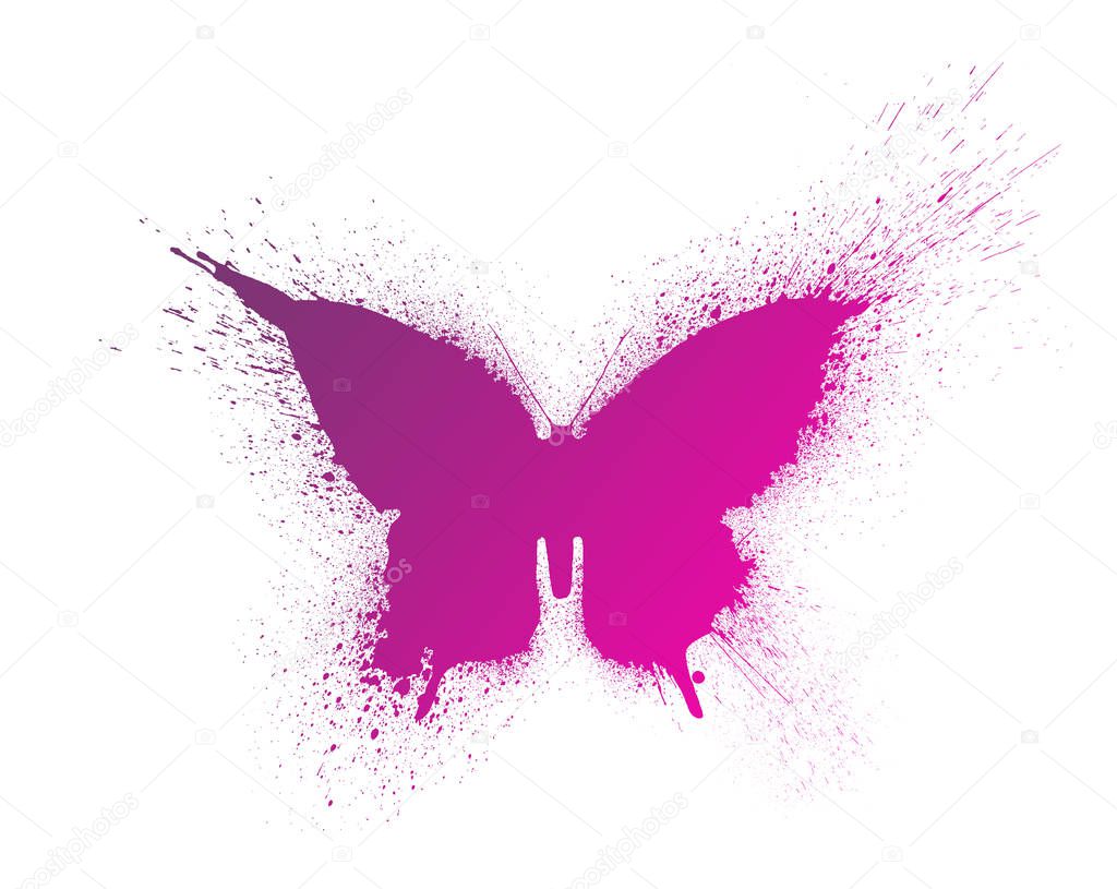 Butterfly silhouette with paint splashes and blots with a beautiful bright gradient, isolated on a white background.