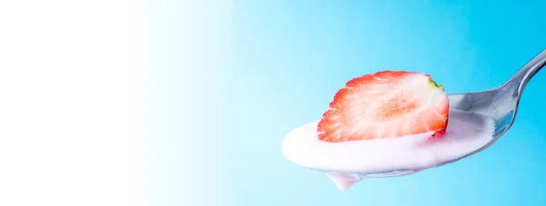 Fragola di fetta succosa matura fresca su un cucchiaio con crema di yogurt primo piano su uno sfondo azzurro con un gradiente a colore bianco. Foto di grandi dimensioni . — Foto Stock