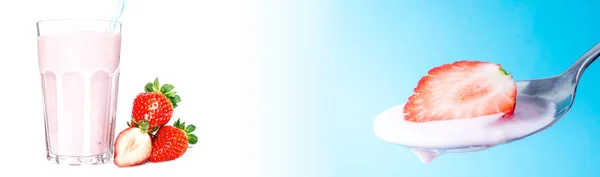 Fraise fraîche juteuse mûre sur une cuillère avec du yaourt en gros plan sur un fond bleu sur fond de verre avec un cocktail de yaourt aux fraises, isolé sur fond blanc. Photos de grande taille . — Photo