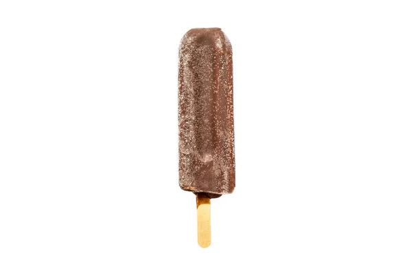 Ice cream lolly in chocolate glaze close-up with condensate and icing frost isolated on white background. — Stock Photo, Image