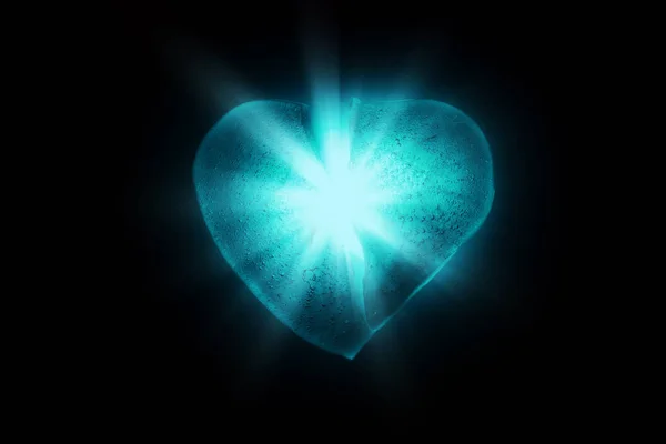 Eis eingefroren in der Hälfte Herz Symbol der blauen Farbe Nahaufnahme gl — Stockfoto