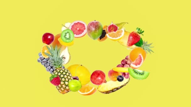 Animación Creativa Stop Motion Muchas Frutas Diferentes Que Vuelan Desde — Vídeo de stock