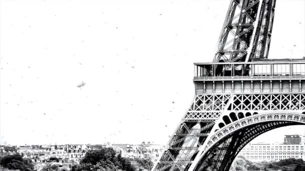 Vídeo Paralaxe Preto Branco Panorama Paris Com Torre Eiffel Inverno — Vídeo de Stock