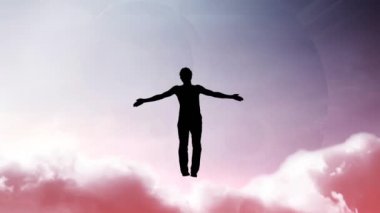 Yaratıcı 4K parallax gökyüzü videosu, hareket eden bulutlar ve güneş ışığı, kolları ayrık bir adamın silüeti, bir ışıkta uçuyor ve Yin-Yang sembolünün arka planına doğru eriyor..