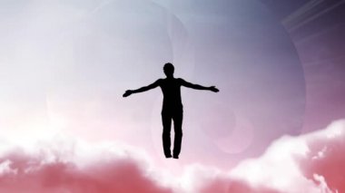 Yaratıcı 4K parallax gökyüzü videosu, hareket eden bulutlar ve güneş ışığı, kolları ayrık bir adamın silüeti, bir ışıkta uçuyor ve Yin-Yang sembolünün arka planına doğru eriyor..