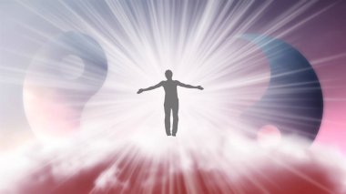Kolları ayrık bir adamın silueti, Yin-Yang sembolünün arka planında parlak beyaz bir güneş ışığı altında gökyüzünde uçuyor. Samadhi meditasyon konsepti, açık fikirli..