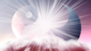 Pembe renkli güzel gökyüzü, bulutlar ve arka planda parlak güneş ışığı Yin Yang sembolü. Samadhi meditasyon konsepti, açık fikirli..