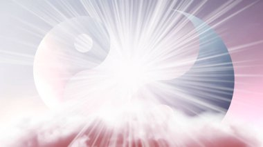 Pembe renkli güzel gökyüzü, bulutlar ve arka planda parlak güneş ışığı Yin Yang sembolü. Samadhi meditasyon konsepti, açık fikirli..