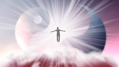 Kolları ayrık bir adamın silueti, Yin-Yang sembolünün arka planında parlak beyaz bir güneş ışığı altında gökyüzünde uçuyor. Samadhi meditasyon konsepti, açık fikirli..