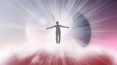 Kolları ayrık bir adamın silueti, Yin-Yang sembolünün arka planında parlak beyaz bir güneş ışığı altında gökyüzünde uçuyor. Samadhi meditasyon konsepti, açık fikirli..