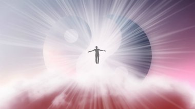 Kolları ayrık bir adamın silueti, Yin-Yang sembolünün arka planında parlak beyaz bir güneş ışığı altında gökyüzünde uçuyor. Samadhi meditasyon konsepti, açık fikirli..