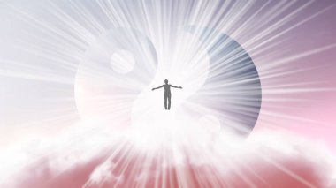 Kolları ayrık bir adamın silueti, Yin-Yang sembolünün arka planında parlak beyaz bir güneş ışığı altında gökyüzünde uçuyor. Samadhi meditasyon konsepti, açık fikirli..