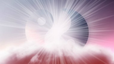 Pembe renkli güzel gökyüzü, bulutlar ve arka planda parlak güneş ışığı Yin Yang sembolü. Samadhi meditasyon konsepti, açık fikirli..