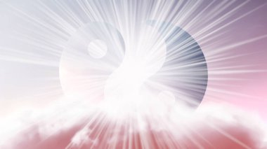 Pembe renkli güzel gökyüzü, bulutlar ve arka planda parlak güneş ışığı Yin Yang sembolü. Samadhi meditasyon konsepti, açık fikirli..