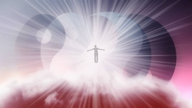 Kolları ayrık bir adamın silueti, Yin-Yang sembolünün arka planında parlak beyaz bir güneş ışığı altında gökyüzünde uçuyor. Samadhi meditasyon konsepti, açık fikirli..