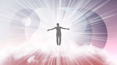 Kolları ayrık bir adamın silueti, Yin-Yang sembolünün arka planında parlak beyaz bir güneş ışığı altında gökyüzünde uçuyor. Samadhi meditasyon konsepti, açık fikirli..