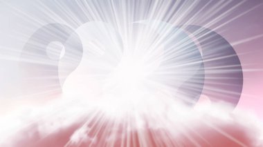 Pembe renkli güzel gökyüzü, bulutlar ve arka planda parlak güneş ışığı Yin Yang sembolü. Samadhi meditasyon konsepti, açık fikirli..