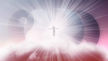 Kolları ayrık bir adamın silueti, Yin-Yang sembolünün arka planında parlak beyaz bir güneş ışığı altında gökyüzünde uçuyor. Samadhi meditasyon konsepti, açık fikirli..