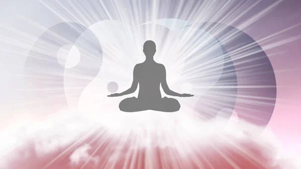 A silhouette of a man in a lotus position with arms spread apart, flying in the sky in a bright white sunlight on the background of the Yin-Yang symbol. Samadhi meditation concept, open mind.