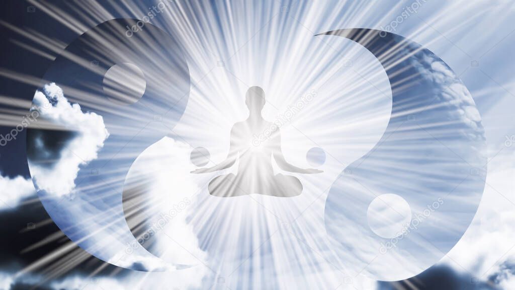 A silhouette of a man in a lotus position with arms spread apart, flying in the sky in a bright white sunlight on the background of the Yin-Yang symbol. Samadhi meditation concept, open mind.