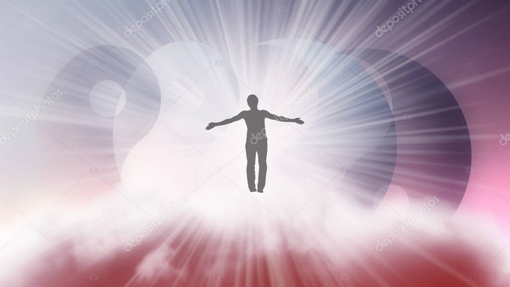 A silhouette of a man with arms spread apart, flying in the sky in a bright white sunlight on the background of the Yin-Yang symbol. Samadhi meditation concept, open mind.
