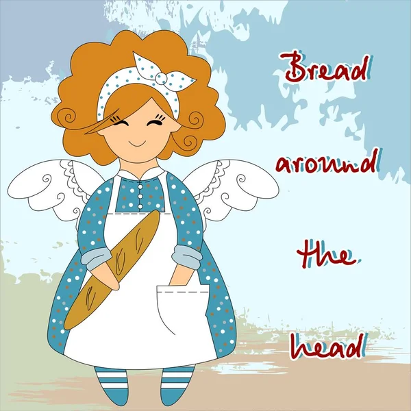 Bread around the head. Chef cook with a French loaf in his hands in a white apron and apron in a beautiful dress with polka dots Angel Baker. Beautiful baker