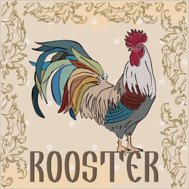 Grunge zemin üzerine desenli ateşli horoz. Çin yeni yılı sembolü / Afrika / Hindistan / totem / dövme tasarım. Bu ve benzeri bir t-shirt, çanta, kartpostal, poster tasarımı için kullanılabilir.