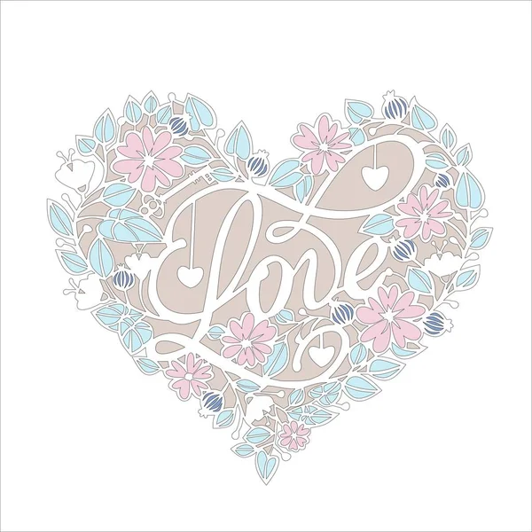 Floral Heart Bouquet Composition Hand Drawn Flowers Plants Monochrome Vector — Stock Vector