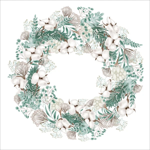 Cotton wreath for text. Floral ornament of cotton flowers and plants of delicate shades. Frame for text and floral decoration. Christmas wreath