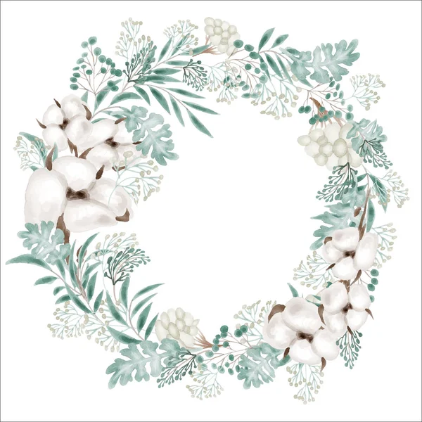 Cotton wreath for text. Floral ornament of cotton flowers and plants of delicate shades. Frame for text and floral decoration. Christmas wreath