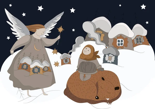 Kış hikayesi. Vektör olarak şirin bir Noel kartı. Küçük tatlı meleğin neşeli bir geçmişi var. Angel mucizeler yaratır. Angel ve küçük kız bir ayının üzerinde uyuyorlar. Mutlu yıllar.