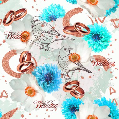 Beyaz ve mavi çiçekler, kuşlar ve halkaları ile Seamless modeli düğün.