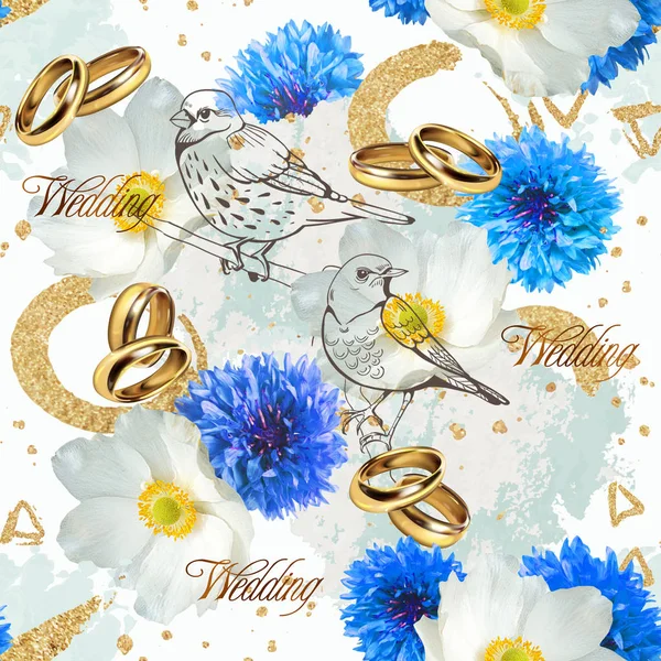 Wesele Wzór Biało Niebieskie Kwiaty Ptaki Pierścienie — Zdjęcie stockowe