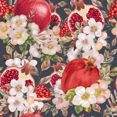 Suluboya çiçek, peonies ve nar ile Seamless modeli. 