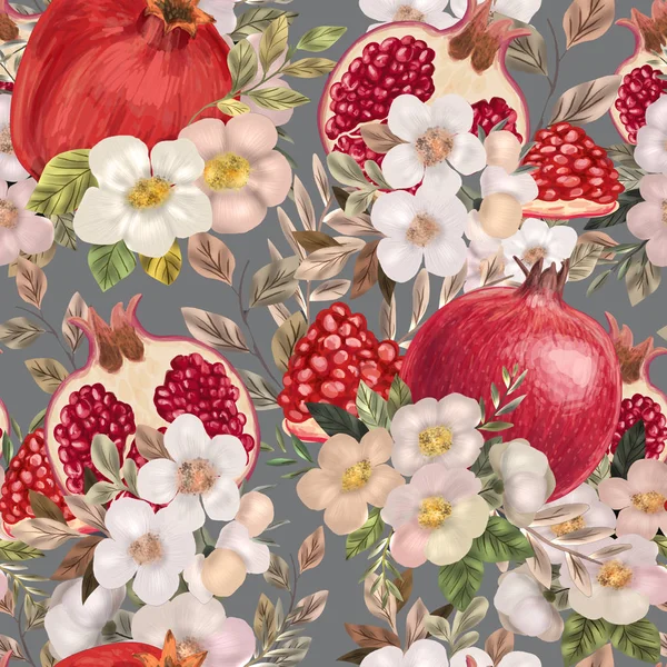 Suluboya çiçek, peonies ve nar ile Seamless modeli. 