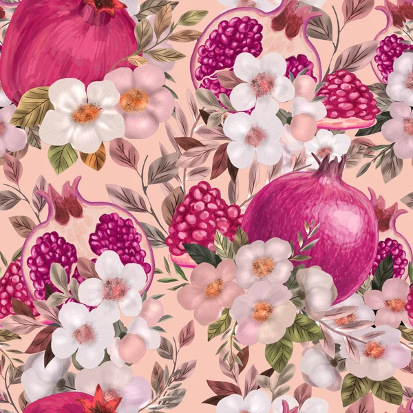 Suluboya çiçek, peonies ve nar ile Seamless modeli. 