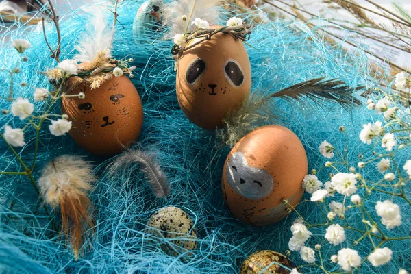 Easter Holiday Concept Cute Handmade Eggs Rabbit Chicks Owl Panda — Stock Photo, Image