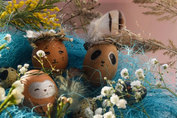 Easter Holiday Concept Cute Handmade Eggs Rabbit Chicks Owl Panda — Stock Photo, Image