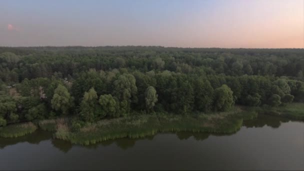 Vodní Antény Letecký Pohled Krásné Jezero Zelený Les Při Západu — Stock video