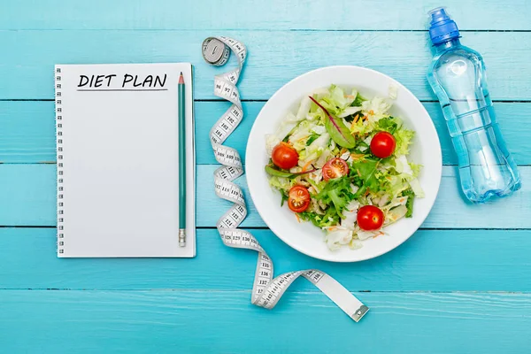 Diet plan, menu or program, tape measure, water and diet food — Stock Photo, Image
