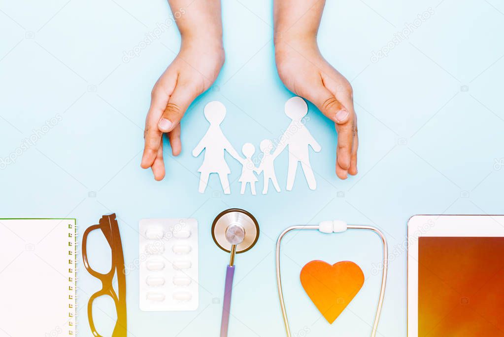 Background on medicine with stethoscope, medicine, tablet and no