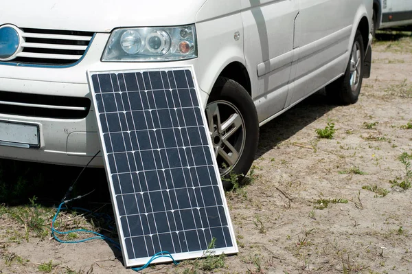 Coche Energía Natural Panel Solar Ejemplo Uso Panel Solar Picnic — Foto de Stock