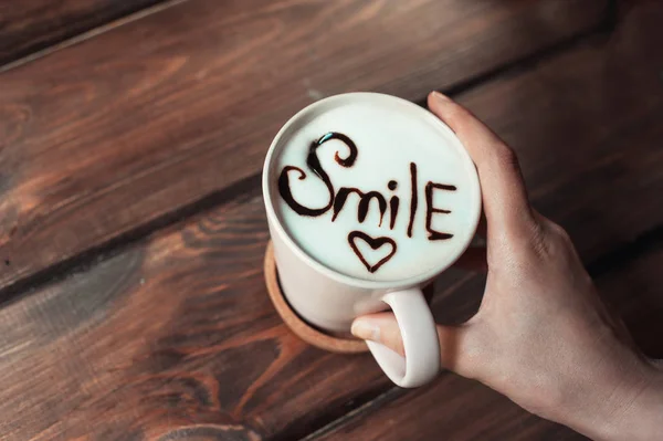Vue Haut Cappuccino Avec Dessin Mousse Latte Art Avec Inscription — Photo
