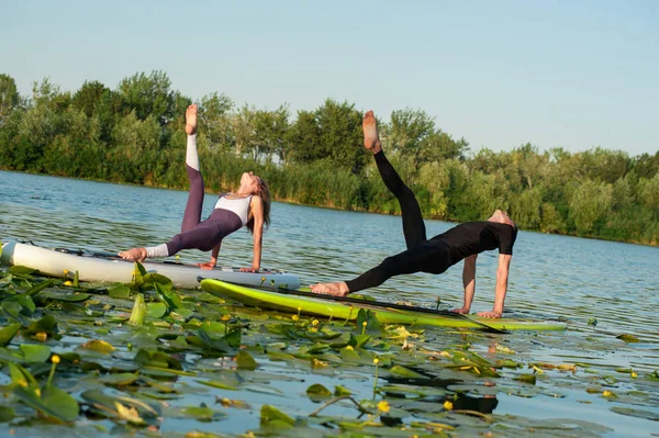 stand up paddle board yoga performed by beautiful couple on the bright background, yoga training on the beach