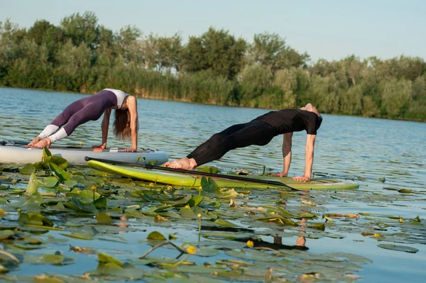 stand up paddle board yoga performed by beautiful couple on the bright background, yoga training on the beach
