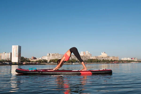 stand up paddle board yoga performed by beautiful girl on the bright city background, yoga training on the water